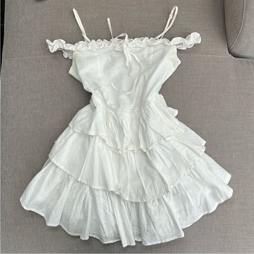 LAST CALL! off the shoulder white tiered mini dress